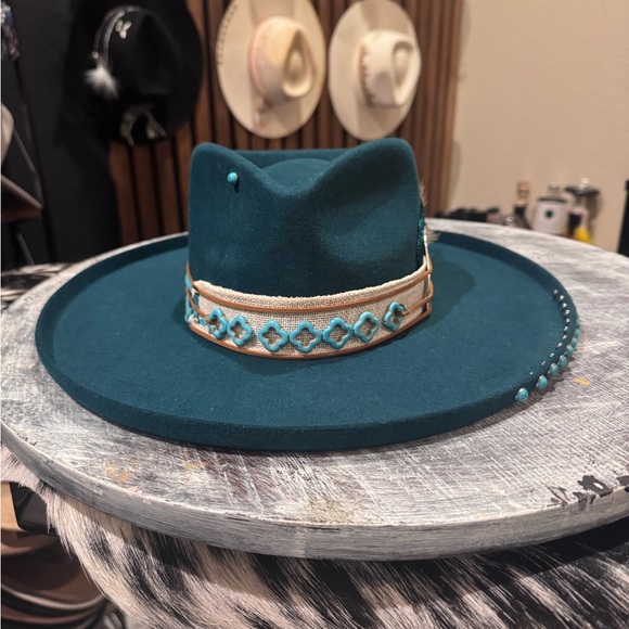 Teal Western Hat with Feather and Beaded Band - Picture 2 of 5